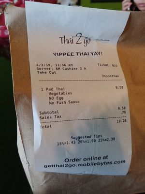 Receipt at Thai 2 Go in Dallas