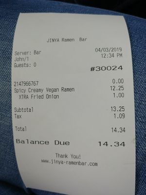 Jinya Vegan Order / Receipt at JINYA Ramen Bar in Dallas
