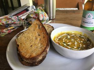Grilled pesto and pumpkin soup  at Roots Cafe in Siem Reap