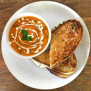 Delicious tomato soup and vegan cheese toastie at Roots Cafe in Siem Reap