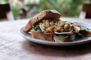 "Better Than Tuna"  Chickpea Tuna Salad Sandwich with Mozzarella on Toasted Sourdough at Roots Cafe in Siem Reap