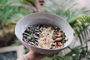 BB Bowl; Stewed Black Beans with Tomato and Cucumber Salad at Roots Cafe in Siem Reap