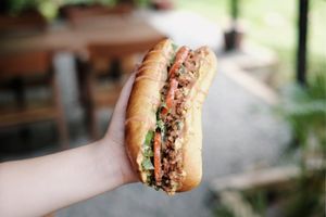 Vegan Chopped Cheese Sandwich made with tempeh at Roots Cafe in Siem Reap