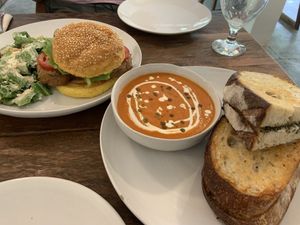 Caesar salad, cauliflower sandwich and grilled cheese with soup  at Roots Cafe in Siem Reap