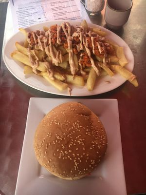 Vegan burger and vegan loaded fries  at Southern Smoke Cafe in Toronto