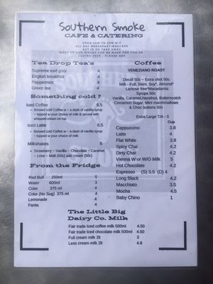 Drinks menu  at Southern Smoke Cafe in Toronto