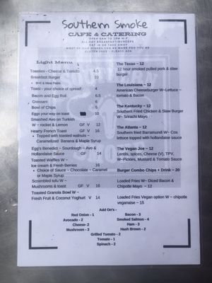 Food menu  at Southern Smoke Cafe in Toronto