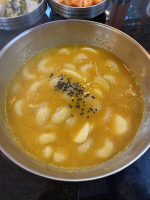 Potato pumpkin rice cake soup.  I love it    at Neungra Babsang 능라밥상 in Seoul