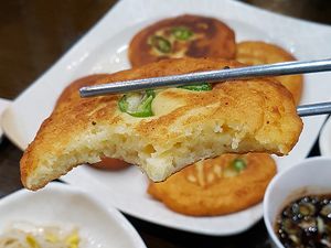 Lentil cake 녹두지짐, also known as mung bean pancake  빈대떡, 녹두전 at Neungra Babsang 능라밥상 in Seoul