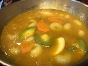 Ograng (North Korean style potato starch gnocchi) with veggies in sweet pumpkin soup at Neungra Babsang 능라밥상 in Seoul