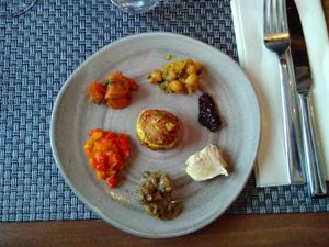 "oriental plate" - hummus, babaghanoush, mushrooms, chickpeas, pepper, dried tomatoes and falafel! at Auberge Koeppchen in Wormeldingen