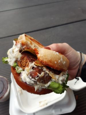 Seitan burger with tartar sauce at Eaternia in Prague