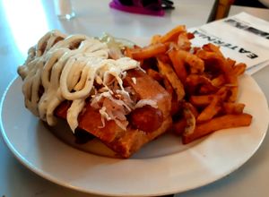Hot-Dog with fries at Eaternia in Prague