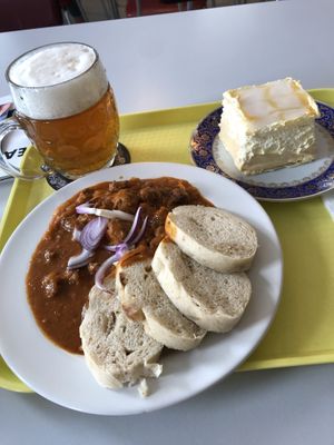 Best combo ever, goulash from daily menu, kremes and a beer!   at Eaternia in Prague