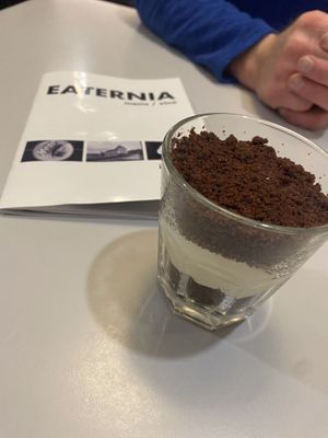 Desert. Crumbed cake layered with cream.  at Eaternia in Prague