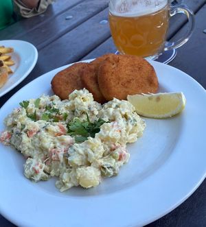 Chik’n schnitzel & potato salad.   at Eaternia in Prague