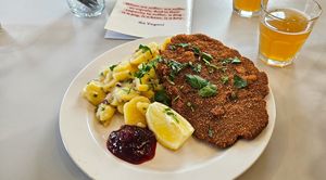 Viennese schnitzel with Viennese potato salad at Eaternia in Prague