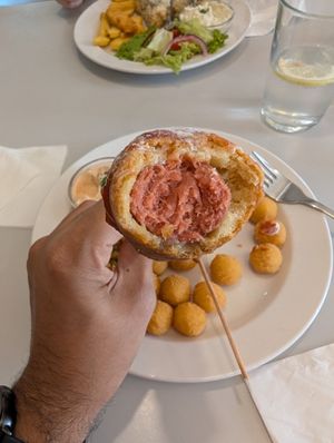 Inside the corn dog - the sausage was good but I was hoping for a crispier coating. at Eaternia in Prague