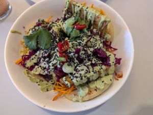 Monthly special - bao bun. Good sauces and textures but the tofu pork belly didn't really taste of much at Eaternia in Prague