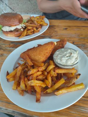 Fried cheese "smažák" with fries and tartar sauce. Tastes like real cheese at Eaternia in Prague