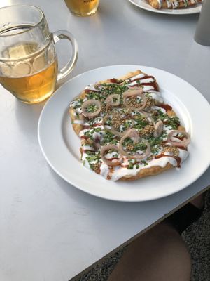 Langoš and beer at Eaternia in Prague