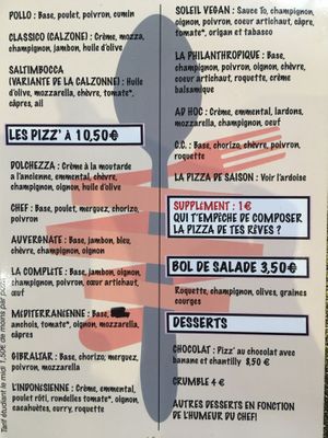 Pizza menu  at Le Jardin des Pentes  in Lyon