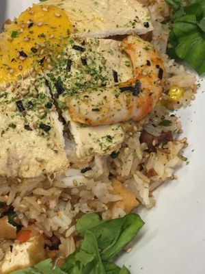 Fried rice with “fried egg” and vegan shrimp at Vinh Loi Tofu in Cerritos