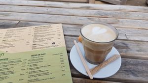 "koffie verkeerd" coffee with oatmilk at Strandpaviljoen Buiten in The Hague