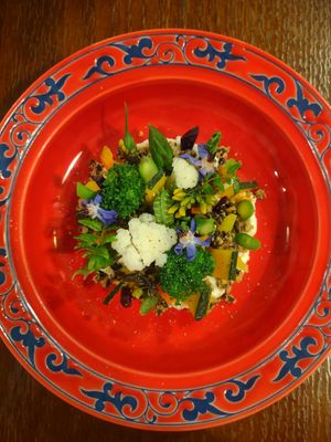 Potato with seasonal vegetables and olive crumble. at Vege&bar Shinbar in Toyama