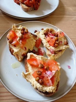 Hummus bruschetta and crispy chickpeas  at The Courtyard in Looe