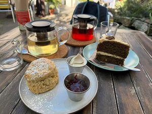 Scones and coffee walnut cake  at The Courtyard in Looe