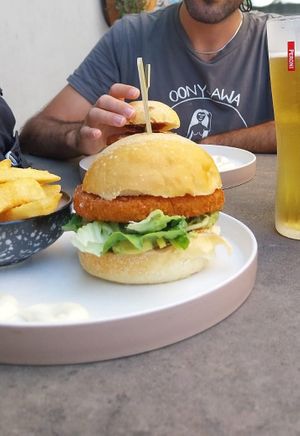 Schnitzel burger w/ avo & BBQ at Lady Green in Brighton