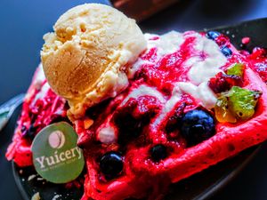 Raspberry waffle, vegan whipped cream, ice cream, cranberries and kiwi. at Yuícery - Hospitalstraße in Stuttgart