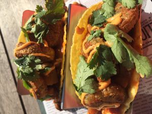 Taco’s « Moroccan style » falafels, sweet potatoes fries & sambalmayo
 at Coco in De Panne