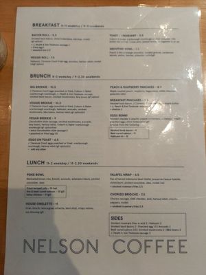 menu at Nelson Coffee Co in Eastbourne