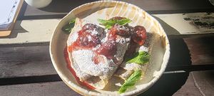 Vegan poppy seed pancakes. Delicious. at Pochlebna in Wroclaw