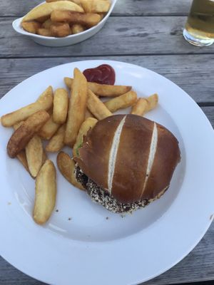 Burger was nice. Garnish needed. at The Anchor Inn in Tintern