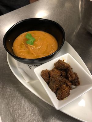 Spicy sweet potato soup with vegan chorizo sausage  at Pine in Hanover