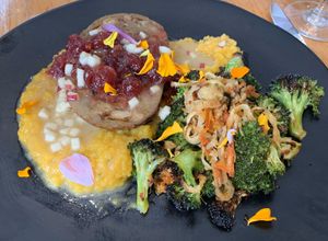 Vegan chicken with butternut squash purée and cranberries at Pine in Hanover