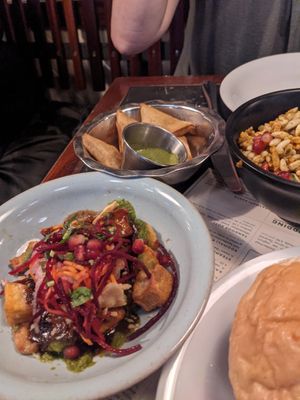 House chaat & samosas w chutney at Dishoom - King's Cross in London