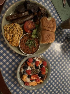 Full vegan breakfast and granola with coconut yoghurt   at Dishoom - King's Cross in London