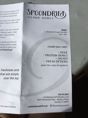Menu at Spoondrift in Sanibel