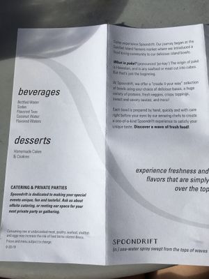 Menu at Spoondrift in Sanibel