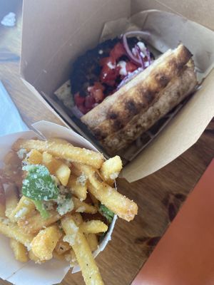 Rose-Marie beyond burger with fries  at The Vegan Butcher in Allentown