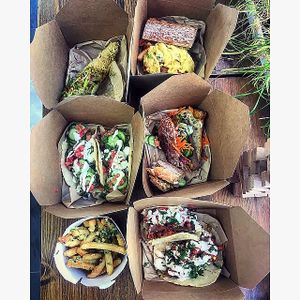 Street corn, egg-splosion, street tacos, Bahn mi, truffle fries, Barbacoa tacos at The Vegan Butcher in Allentown