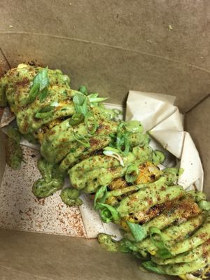 Corn with avo sauce - hard to eat,but good at The Vegan Butcher in Allentown