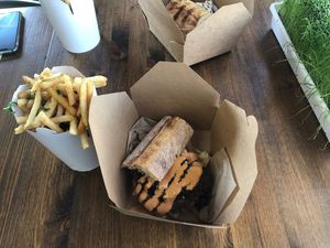 Chip burger and lemon fries at The Vegan Butcher in Allentown