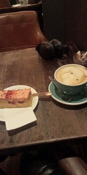 Chai latte with oat milk and blood orange cake at 200 Degrees Coffee in Leeds