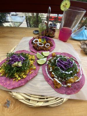 Tacos de pastor, machaca de garbanzos y papa al curry at La Pitahaya Vegana - Mercado del Carmen San Ángel in Mexico City