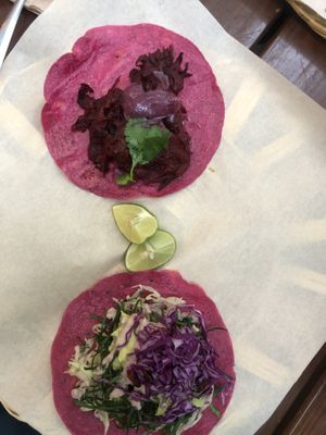 Jamaica and crudi tacos  at La Pitahaya Vegana - Mercado del Carmen San Ángel in Mexico City